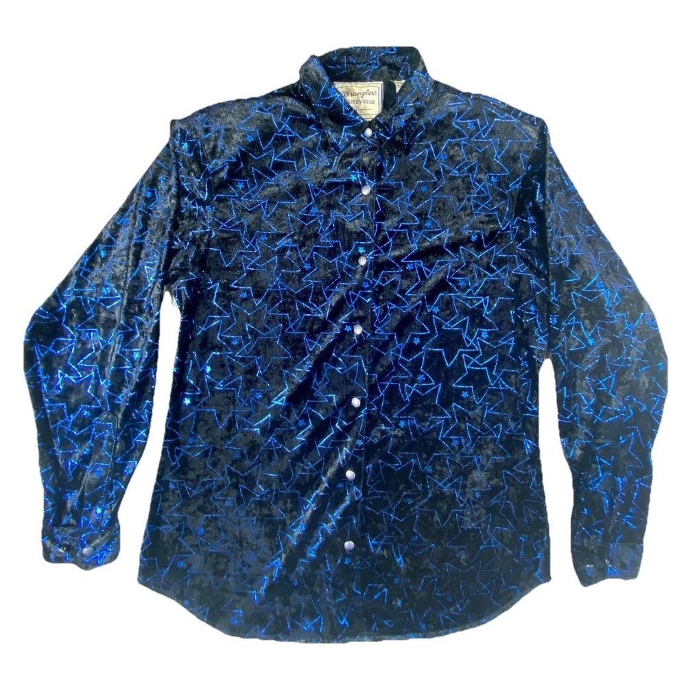 Vintage Wrangler Western Wear Shirt Womens S Black Star Print Velvet Button Up